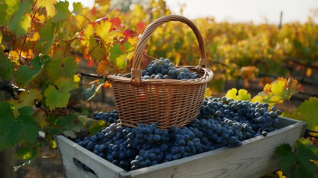 Sunlight bathes a wooden basket overflowing with freshly harvested grapes resting among the vines as autumn leaves stir in the breeze. Harvest abundance and vineyard tradition