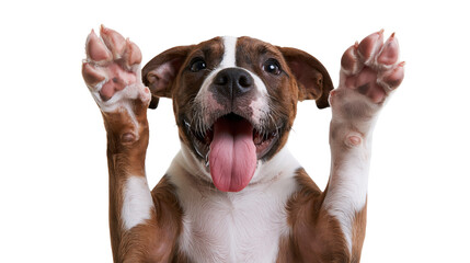 Happy brown and white puppy dog with paws raised up and tongue hanging out © Sylas