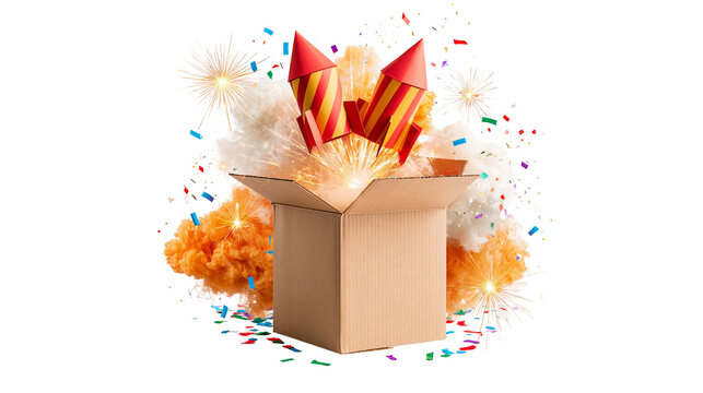 Cardboard box opening with red yellow striped fireworks and colorful confetti