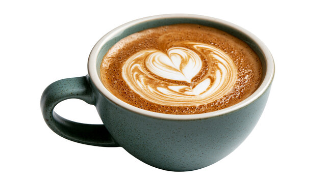 Ceramic mug filled with hot latte coffee featuring intricate heart latte art