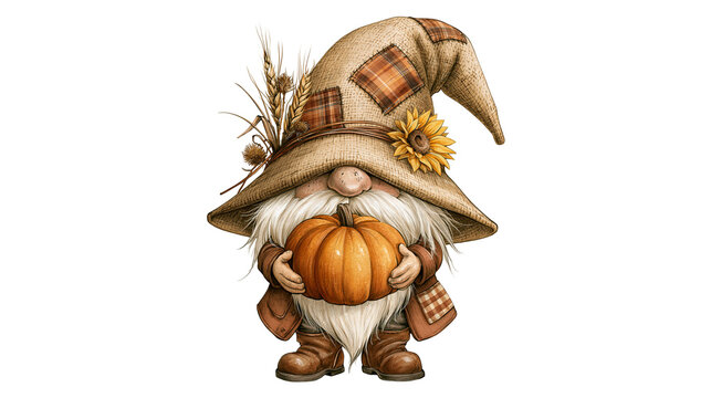 Autumn gnome wearing a burlap hat with sunflower and wheat holding a pumpkin