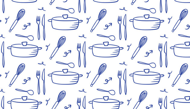 Pattern seamless cooking pots with whisks forks and kitchen utensils blue doodle illustration