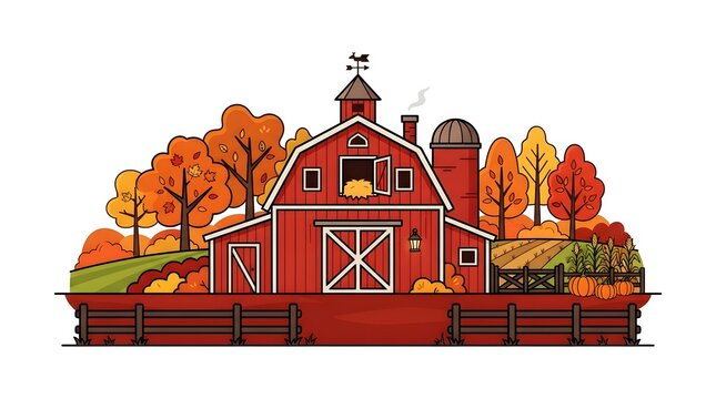 Red barn silhouette countryside Autumn Harvest Vector Illustration