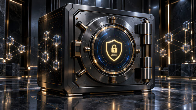 Digital vault with glowing shield icon and blockchain network connections in a futuristic dark luxury environment