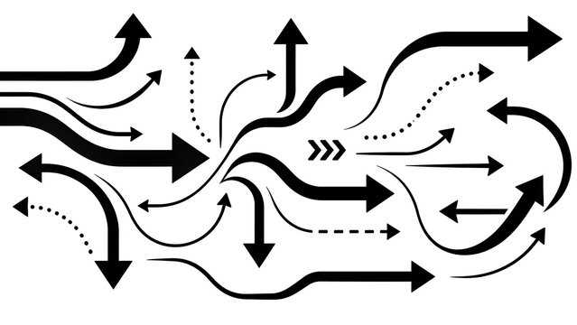 Complex network of black arrows pointing in multiple directions representing strategic choices and chaotic routing