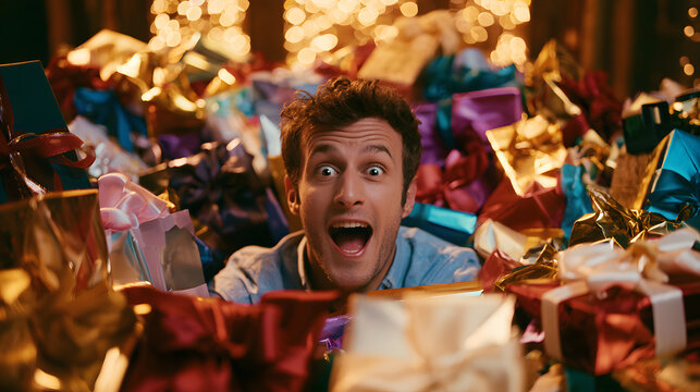 A man with a surprised expression standing next to numerous Christmas gifts. The scene evokes thoughts of a prize winner, possibly from a black Friday event, or an abundance of rewards or presents. Lu