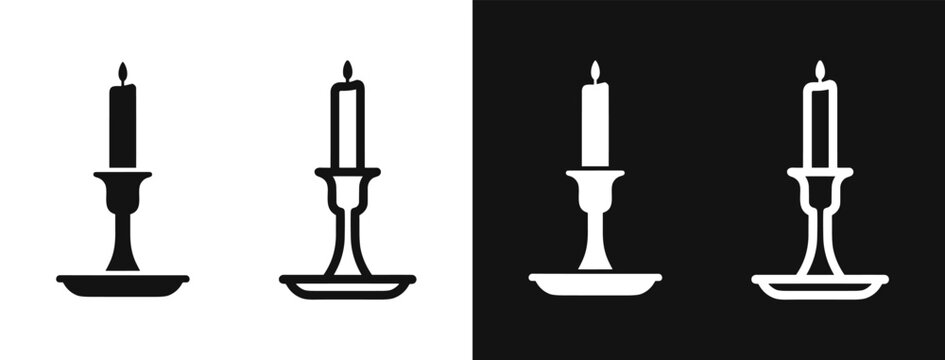 Candle in candlestick holder icon set, lighting vector design