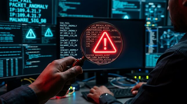 Programmer points at an alert message on multiple computer screens.