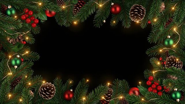 Festive Christmas holiday frame featuring fir branches, pine cones, ornaments, berries, and twinkling lights on a black background. Perfect for seasonal greetings and overlays.