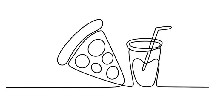 Continuous single line drawing of a pizza slice and a drink cup with a straw isolated on a white background isolated on transparent background