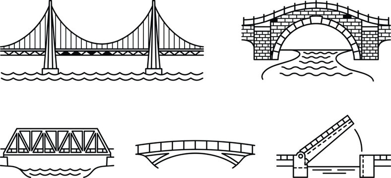 Bridge types and infrastructure engineering vector outline icons set featuring suspension stone arch truss drawbridge river crossing graphics.
