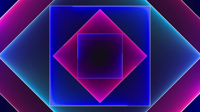 A magenta diamond blue square frames, darker square at the center. Strong symmetry and saturated color make useful for a title sequence, electronic music backdrop, or futuristic event visual.