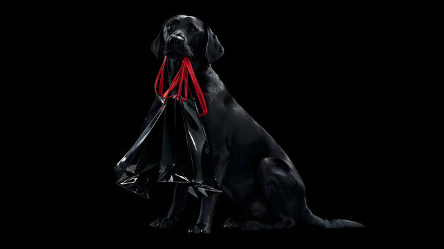 Black Labrador, sitting on a black background and holding shopping bags with red handles in its mouth, gazes at a Black Friday sale banner