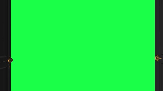 Black double doors frame vivid green opening, metallic handles on each side. The replaceable center visual for a dramatic introduction, new opportunity message, scene change, or branded reveal.