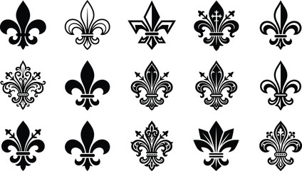 Fleur de lis vector icon set with vintage royal heraldic lily symbols black silhouettes silhouettes medieval emblem design elements © Rofiqul