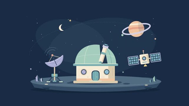 Vector illustration of a space observatory dome with telescope, satellite dish, orbiting satellite, and planet under a starry night sky