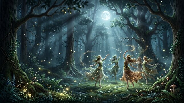 Female Elves dancing under moonlight in forest