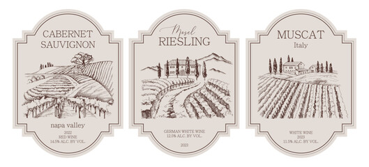 Naklejka premium Wine labels with hand drawn vinery landscapes