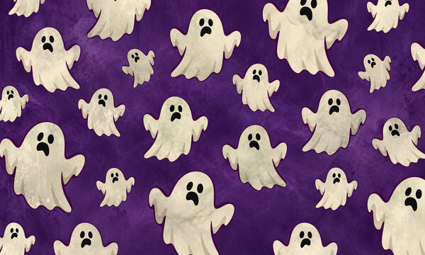 Cute Halloween ghosts on purple background pattern illustration