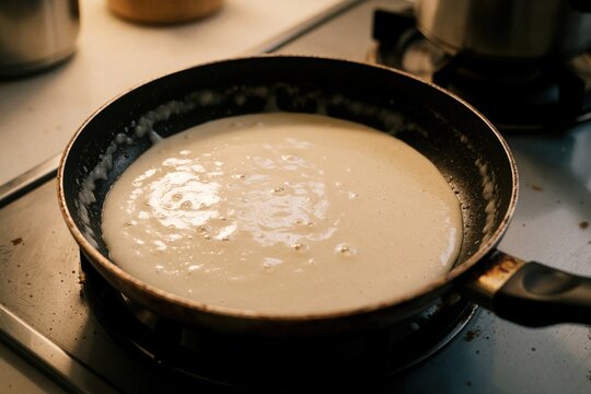 Cooking batter in frying pan on gas stove. Liquid mixture bubbles in cookware during food preparation in home kitchen. Homemade meal recipe process on stovetop. Tasty breakfast dinner meal cooking on