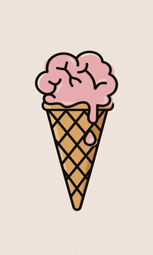 Pink brain melting like ice cream in waffle cone illustration