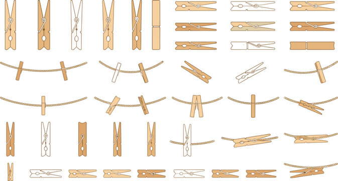 Wooden clothes pegs and laundry line vector elements collection set featuring isolated clothespins pins clips and hanging rope concepts