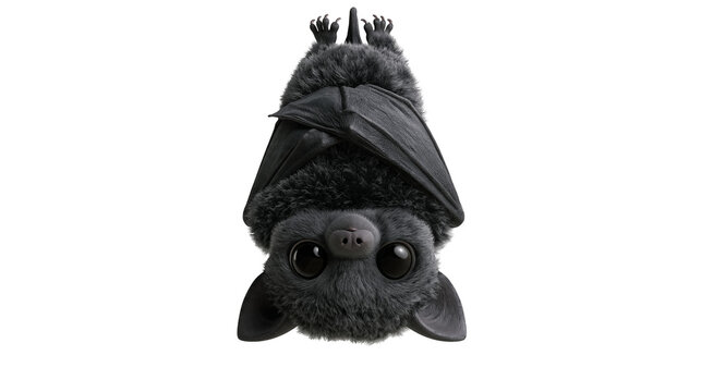 Fluffy black bat hanging upside down with large expressive eyes