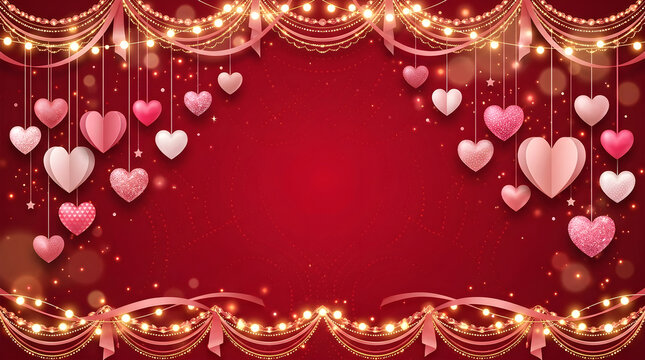 Valentine's Day Hearts, Red Background, Romantic Lights