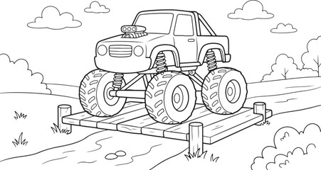 Cute Cartoon Monster Truck Crossing Wooden Bridge Coloring Page for Kids Line Art Vector Illustration © Charmingly Image