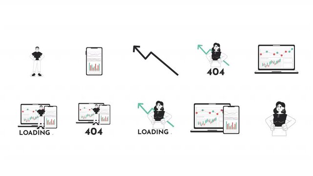 Trading dashboard and investor analytics black and white line animation pack. Candlestick charts laptop and smartphone. Loading indicator and 404 error animated outline 4K video set on transparent