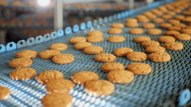 Oatmeal cookies moving along a metal mesh conveyor belt at an industrial bakery. Close up of finished biscuits transported on an automated confectionery production line.