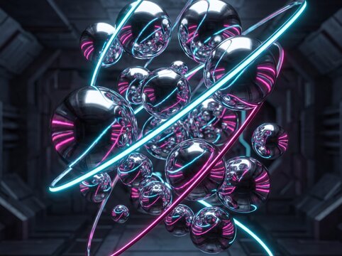 Abstract Futuristic Sculpture with Neon Lights.