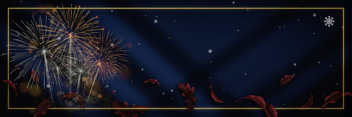 New Year banner with golden and silver fireworks, falling red autumn leaves, snowflakes and golden frame on dark navy blue velvet background with large empty copy space for text and greetings © ale studio 