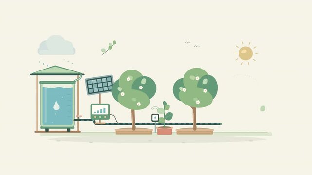 Smart irrigation system with solar panels, water tank and automatic sensor for eco friendly sustainable farming vector illustration