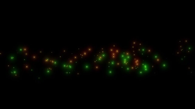 Glowing green yellow star shapes scattered across dark black empty night sky.