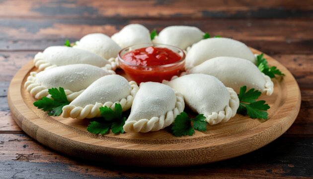 empanadas with parsley sit on a wooden board next to small bowls of red dipping sauce 