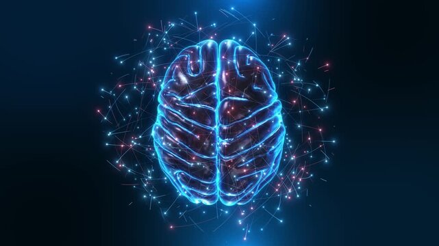 Translucent brain render framed connections against deep navy. visualizes connected thinking and digital intelligence, to cognitive science explainers, neural computing, research, technology branding.