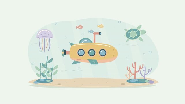 Cute cartoon yellow submarine exploring the deep ocean with jellyfish, sea turtle, and coral reefs vector illustration