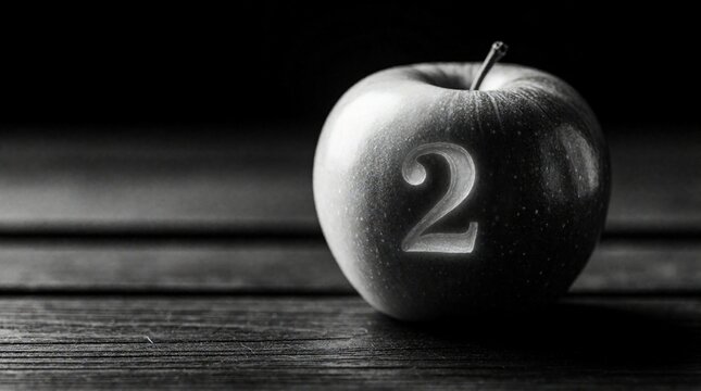 Single apple with number 2 carved on skin sits on dark wooden table. Black, white still life shot shows fruit in monochrome style. Minimalist food concept features organic produce with numeral for