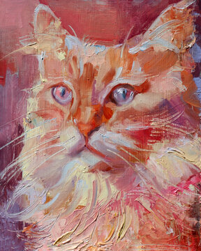 Ritratto artistico di gatto persiano a pelo lungo in stile pittura a olio espressionista, dipinto materico nei toni caldi del rosso e arancione con grandi occhi espressivi