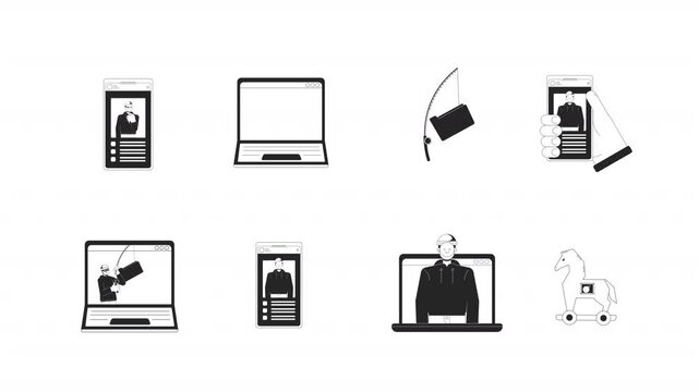 Phishing scam black and white line animation pack. Masked scammers. Trojan malware. Stolen folders fishing. Fake profiles on social media animated outline 4K video set on transparent background
