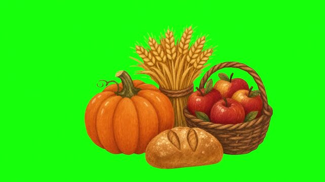 Happy thanksgiving seasonal elements animation featuring turkey and autumn harvest on green screen