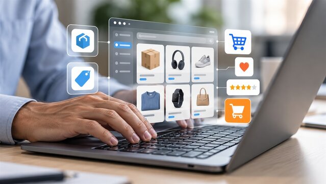 Person using laptop computer for online shopping browsing products through digital interface