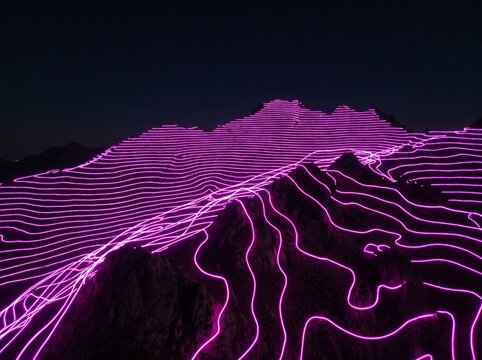 Abstract Neon Topographic Mountain Landscape at Night.