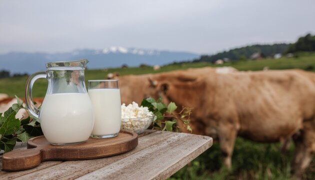  Farm fresh organic dairy products sit on a rustic wooden table. Cows graze in a green meadow with mountains and houses in background. Natural food