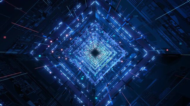 Neon frames form diamond corridor complex circuit surfaces, luminous squares, light trails. immersive digital tunnel for virtual technology, information systems, game titles, cinematic science fictio