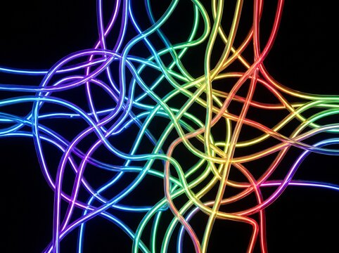 Abstract Colorful Neon Light Wires Intertwined.