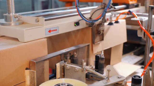 Automated machine forms and assembles cardboard boxes on an industrial packaging line. Robotic equipment prepares cartons for product packing and transportation.