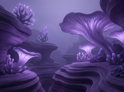Alien Landscape with Bioluminescent Flora in Purple Hues.