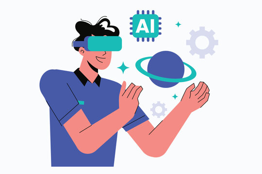 Young Man Wearing VR Headset Interacting with Artificial Intelligence and Digital Planet Illustration